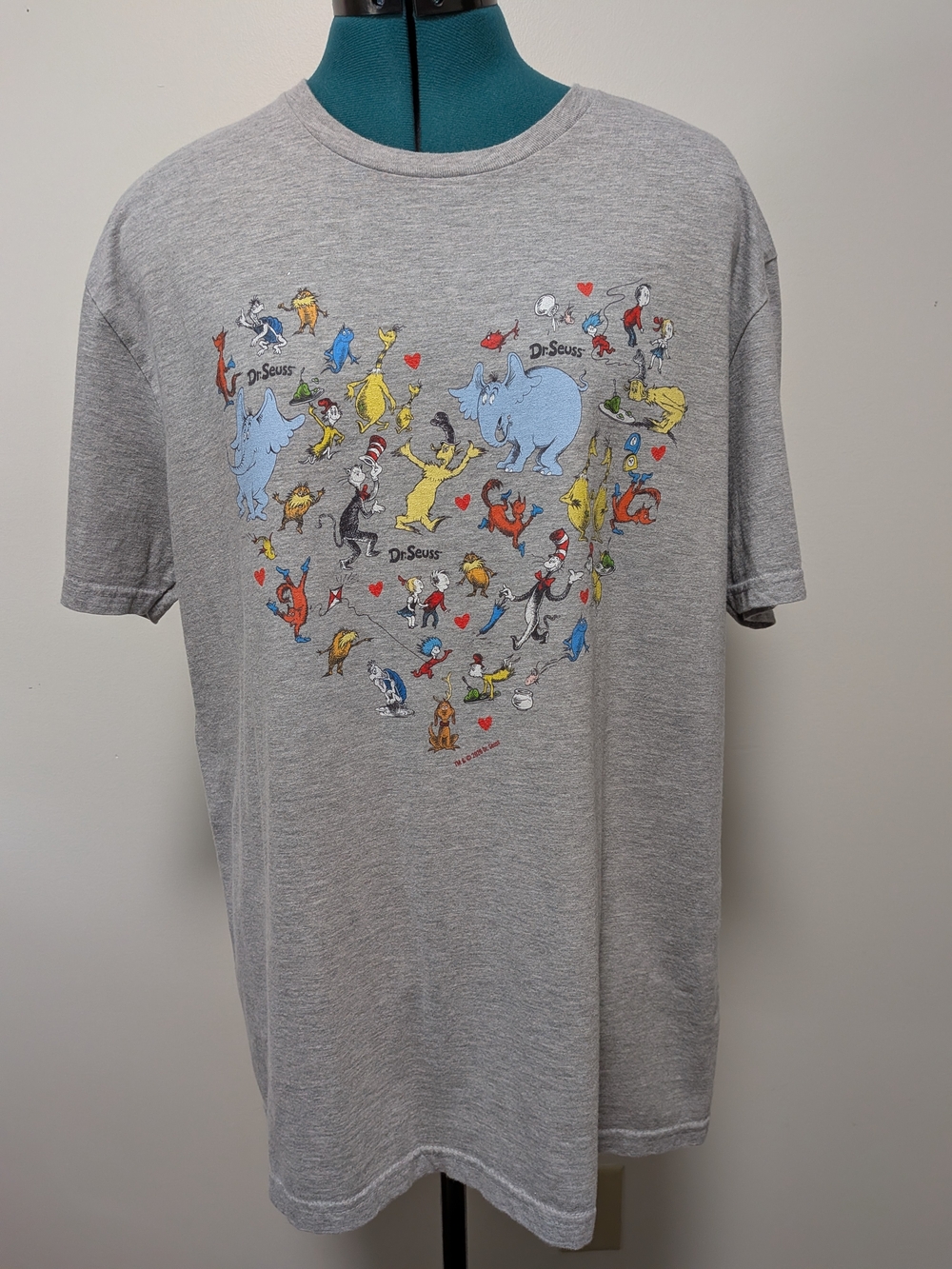 Dr. Seuss Unisex Gray Tee with Colorful Storybook Character Heart Print L